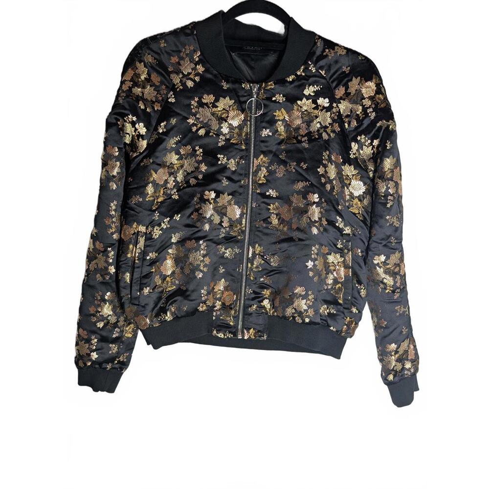 Akira Women's Black & Gold Floral Bomber Jacket Size S